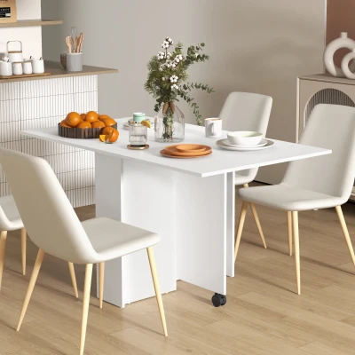 HOMCOM Masă Pliabilă și Extensibilă pentru 4-6 Persoane cu 2 Rafturi și 2 Roți, din Lemn și Metal, 140x80x74 cm, Alb(m-2)