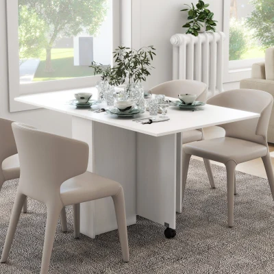 HOMCOM Masă Pliabilă și Extensibilă pentru 4-6 Persoane cu 2 Rafturi și 2 Roți, din Lemn și Metal, 140x80x74 cm, Alb(m-9)
