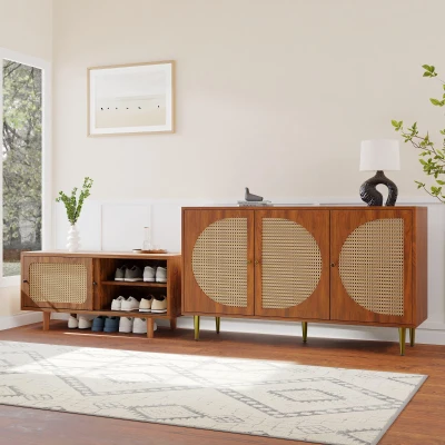 Ensemble de salon de jardin en rotin avec buffet moderne à trois portes et meuble à chaussures gain de place à deux portes coulissantes, Noyer