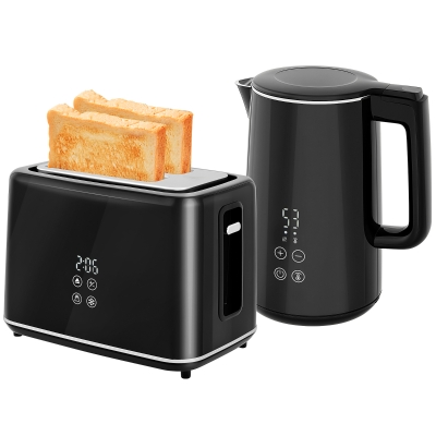 HOMCOM Stainless Steel Kettle and Toaster Set, 1.5L 3000W Fast Boil Kettle with Insulation & 2 Slice Toaster Kitchen Set with 7 Level Browning Controls, Defrost, Reheat and Crumb Tray, Black