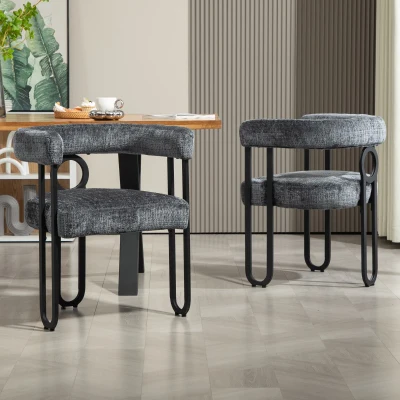 Ensemble de 2 chaises de salle à manger en chenille avec dossier rond, Gris