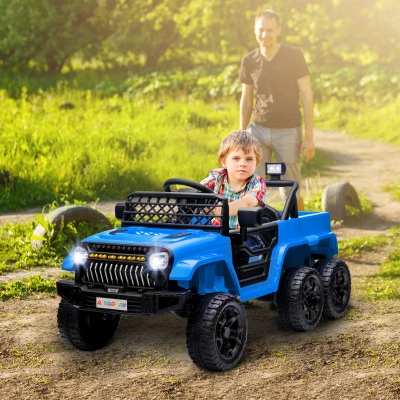 AIYAPLAY 12V Elektrische Kinderauto met Aanhanger, LED-Licht, Muziek en Hoorn, voor Kinderen van 3-8 Jaar, Lichtblauw