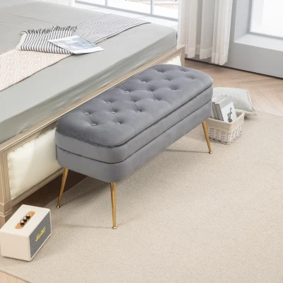 Banc de rangement en velours rembourré, Gris foncé