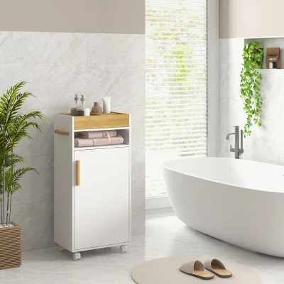 kleankin Armário Casa de Banho Moderno com Prateleiras Ajustáveis Armário Bandeja Amovível e Rodas 40x30x88 cm Branco e Carvalho