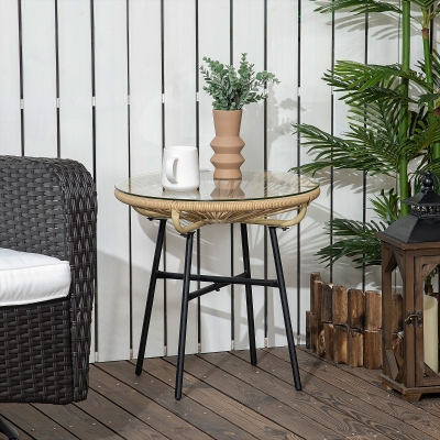 Outsunny Mesa Auxiliar de Vime Sintético para Exteriores com Bancada de Vidro Temperado e Pés de Metal Ø50x50 cm Bege e Preto