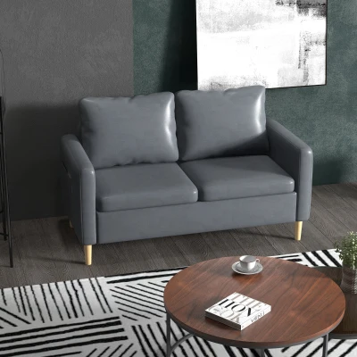 HOMCOM Sofá de 2 Lugares Estofado em Poliéster com 2 Bolsos Laterais Apoio para os Braços e Pés de Madeira 143x76x83 cm Cinza