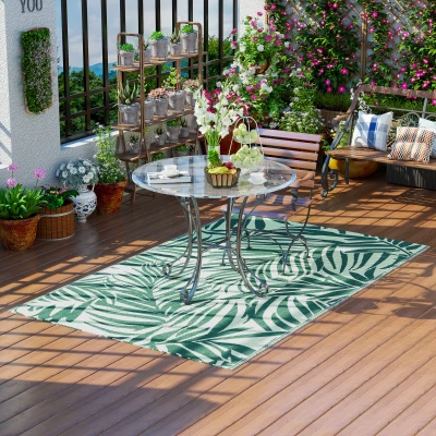 Outsunny Tapete de Exterior 152x243 cm Reversível com Padrão de Folhas para Varanda Pátio Campismo Praia Verde Escuro e Branco