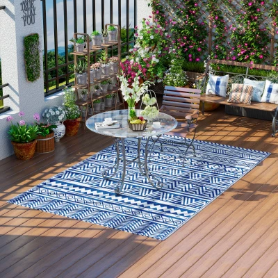 Outsunny Tapete de Exterior 182x274 cm Tapete Reversível Estilo Moderno para Varanda Pátio Campismo Praia Azul Escuro e Branco