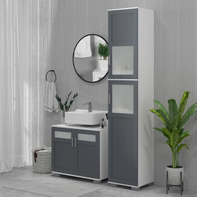 kleankin Móvel para Lavatório Pousar com 2 Portas com Vidro Temperado e Prateleira Ajustável 69x35x59 cm Branco e Cinza