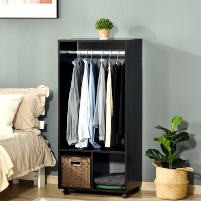 HOMCOM Roupeiro de Madeira Móvel Armário Roupeiro Aberto com Barra para Pendurar e Prateleiras Organizadoras 60x40x128 cm Preto