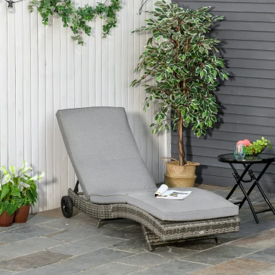 Outsunny Espreguiçadeira de Vime Reclinável Espreguiçadeira de Jardim com 2 Rodas Encosto Ajustável em 5 Posições 207x70x70 cm Cinza