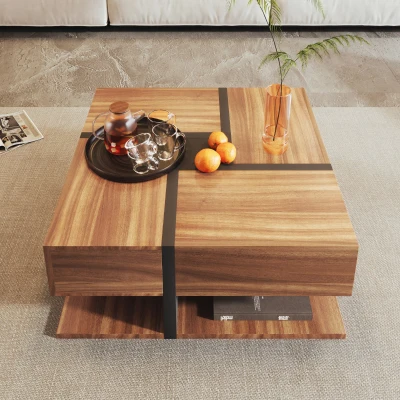 Square Coffee Table with 4 Drawers, Natural