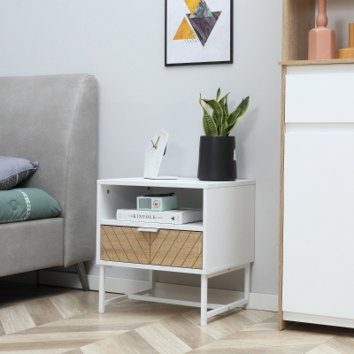 HOMCOM Mesa de Cabeceira Moderna Mesa de Cabeceira com Gaveta e Compartimento 45x39x48 cm Branco e Carvalho