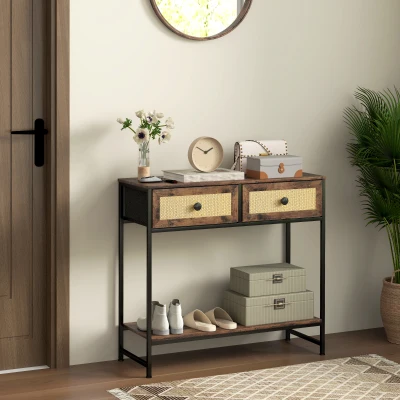 HOMCOM Mesa Consola Móvel de Entrada com Prateleira Aberta 2 Gavetas Frente em Vime Consola de Entrada 80x30x75 cm Marrom Rústico