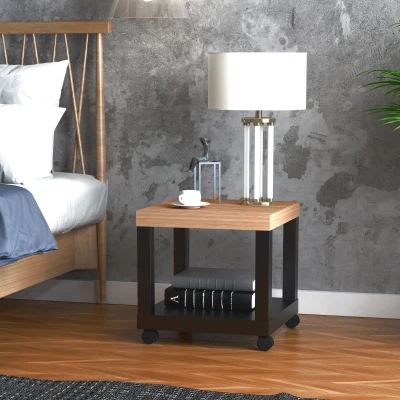 HOMCOM Sofa Side Table Square End Desk with Open Storage Shelf, Rolling Wheels, Free Moving for Home Office Studio