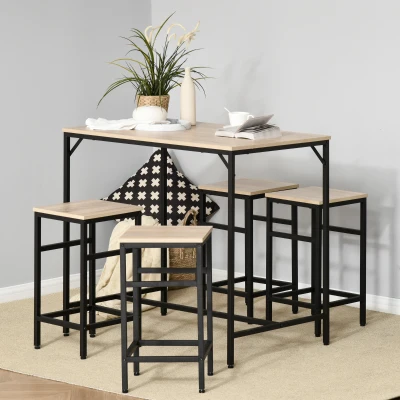 HOMCOM 5-Piece Modern Industrial Dining Table Furniture Set with 4 Stools & Steel Legs for Dining Room, Kitchen, Dinette, Oak