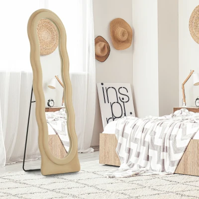 HOMCOM Espelho de Pé 50x160 cm Espelho de Corpo Inteiro ou de Parede com Desenho Assimétrico e Estrutura de Veludo Bege