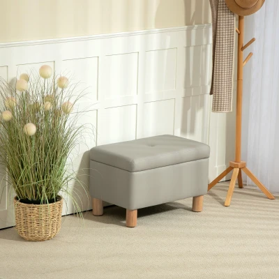 HOMCOM Baú de Armazenamento para Dormitório 33L Puff de Armazenamento Estofado em PU Banco de Arrumação 60x38x40 cm Cinza Claro