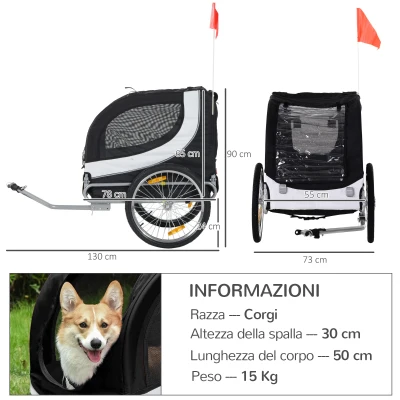 PawHut Rimorchio per Cani 130x90x110cm, Bianco e Nero