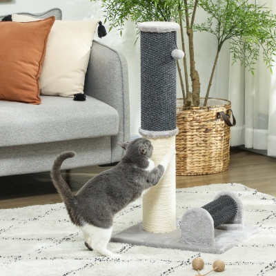 PawHut Arranhador para Gatos com Poste de Sisal Escova de Auto Higiene e Bola Suspensa 40x48x85 cm Cinza e Creme