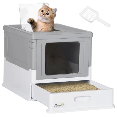 PawHut Hooded Cat Litter Box Scoop Included, Litter Tray with Front Entry Top Exit, Portable Pet Toilet with Large Space, Easy Assemble, 47.5 x 35.5 x 36.7 cm, Grey