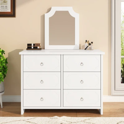 Commode avec miroir et 6 tiroirs, Blanc
