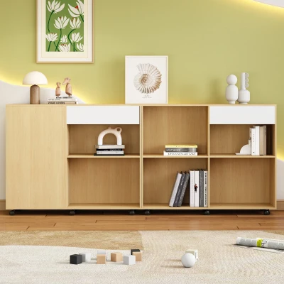 Libreria Piccola con Ripiani e Ruote in MDF, Naturale e Bianco