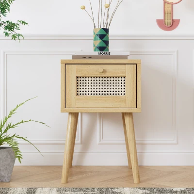 Comodino classico, con piano cassetto in rattan, Naturale