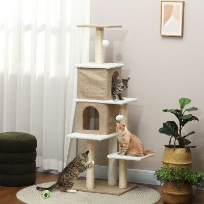 PawHut Arranhador para Gatos em Borrego com 2 Cavernas Plataformas Bolas Suspensas e Poste de Sisal 48x40x140 cm Marrom Claro