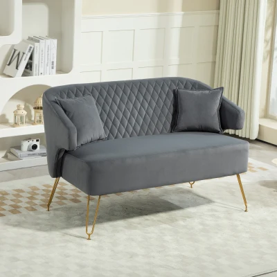 HOMCOM Sofá de 2 Lugares Estofado em Veludo Sofá Sala de Estar com 2 Almofadas e Pés de Aço Dourado Sofá Pequeno 124x69x76 cm Cinza