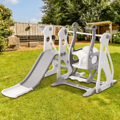 Toboggan 4-en-1 pour enfants avec balançoire, Blanc Antique+Gris