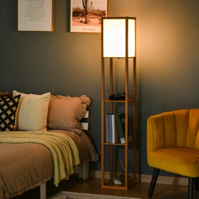 HOMCOM 3-Tier Floor Lamp, Floor Light with Storage Shelf, Reading Standing Lamp for Living Room, Bedroom, Kitchen, Dining Room, Office, Dorm, 160cm, Natural