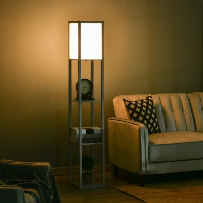 HOMCOM 3-Tier Floor Lamp, Floor Light with Storage Shelf, Reading Standing Lamp for Living Room, Bedroom, Kitchen, Dining Room, Office, Dorm, 160cm, Grey