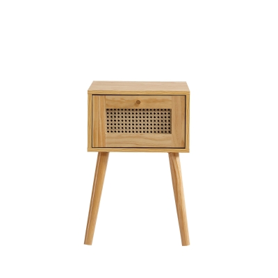 Klassischer Nachttisch mit Rattan-Schubladenplatte, goldfarbenem Metallgriff und langen Holzbeinen, Stauraum für Wohnzimmer und Schlafzimmer, 38×38×58,5 cm, Natur