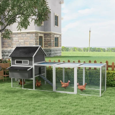 PawHut Galinheiro de Exterior Gaiola de Madeira Grande para 8-10 Galinhas com 2 Ninhos Bandeja Amovível e Rampa 347x160x150 cm Cinza
