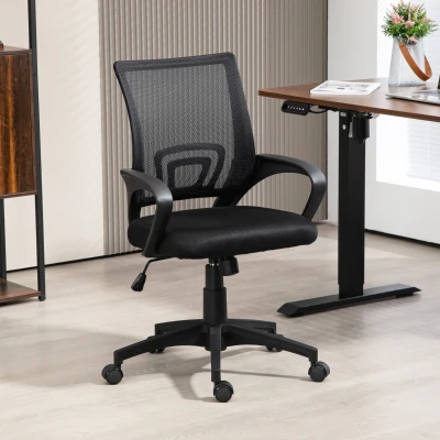 HOMCOM Cadeira de Escritório de Malha Giratória com Altura Ajustável Função Basculante e Apoio para os Braços 57x55x89-109 cm Preto