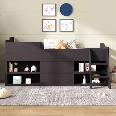 Children's Wooden Mid Sleeper Cabin Bed with Drawers and Shelves, Taupe