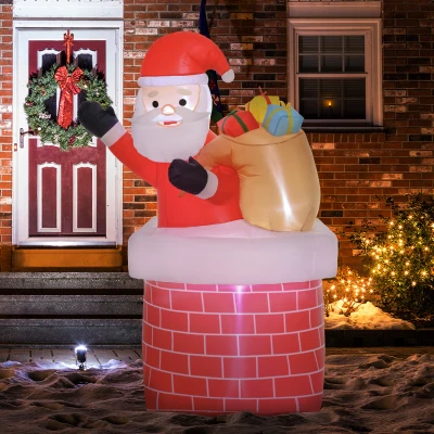 Outsunny Pai Natal Insuflável com Sacos de Presente Saindo de uma Chaminé e Luzes LED par Exterior 130x82x195 cm Vermelho