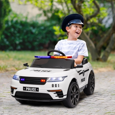 AIYAPLAY Carro Elétrico de Policia para Crianças com Bateria 12V Controlo Remoto Farol Buzina Sirene e Música 112x66x50 cm Branco