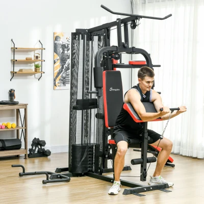 SPORTNOW Wielofunkcyjna Stacja Treningowa z blokiem wagowym 65 kg, regulowana, do ćwiczeń w domu, Stal, Skóra ekologiczna