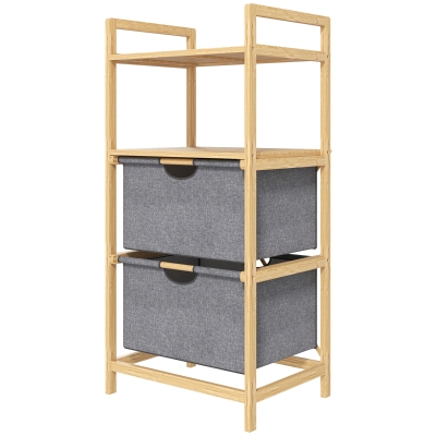 HOMCOM Bamboe Wasrek met 2 Stoffen Wasmanden, Open Planken, Ruimtebesparend, Natuurhout