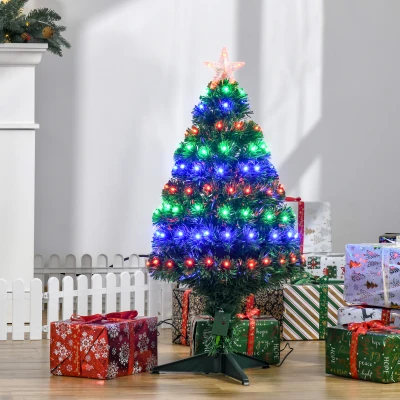 HOMCOM 3 Feet Prelit Artificial Christmas Tree with Multi-Coloured Fiber Optic LED Light, Holiday Home Xmas Decoration, Green