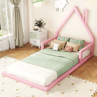 Letto per bambini a forma di casa,90x200 cm, Rosa