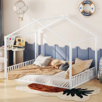 Cama acolchada 140×200 cm, cama de hierro con forma de casa, sin colchón, Blanco