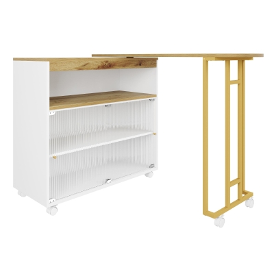 Ausziehbarer Bartisch mit Stauraum, Moderner Bar-Tisch mit LED, Beweglicher Stehtisch mit Schiebetüren, 138-204×39×105cm, Weiß