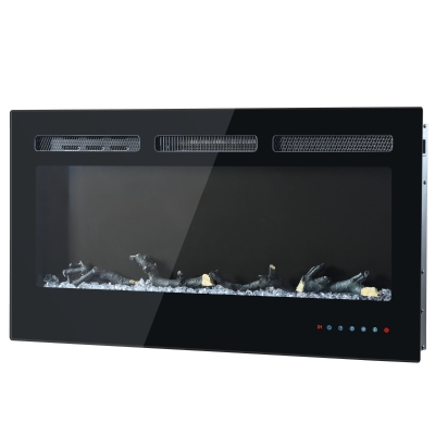 Wand- und Einbau-Elektrokamin, Kristall- und Holzset, Fernbedienung & Touchscreen, 106,5×46,5×12 cm, Schwarz