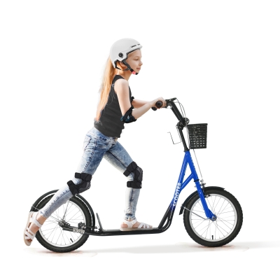 HOMCOM Kinderroller, Scooter mit Bremse, inkl. Korb, höhenverstellbar, für Kinder 5-12 J., blau+schwarz