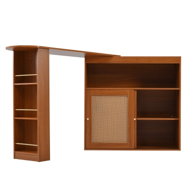 Ausziehbarer Bartisch mit Stauraum, Rattangeflecht auf den Türfronten, verstellbare Ablagen, 138-193×39×104cm, Braun