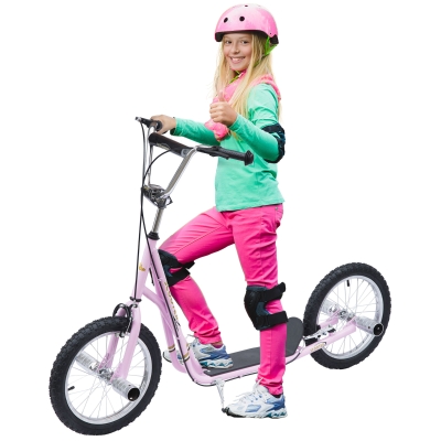 HOMCOM Kinderroller mit Luftreifen Kickscooter Scooter Tretroller Cityroller für Kinder Kickboard 16 Zoll ab 5 Jahre Höhenverstellbar Rosa 143 x 58 x 92-100 cm