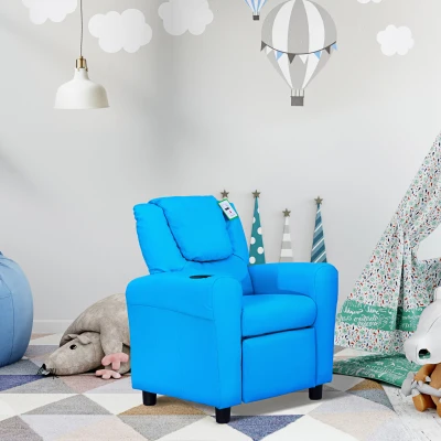 HOMCOM Kids Recliner Chair, PU Leather with Adjustable Backrest, Footrest, Padded Headrest, Blue